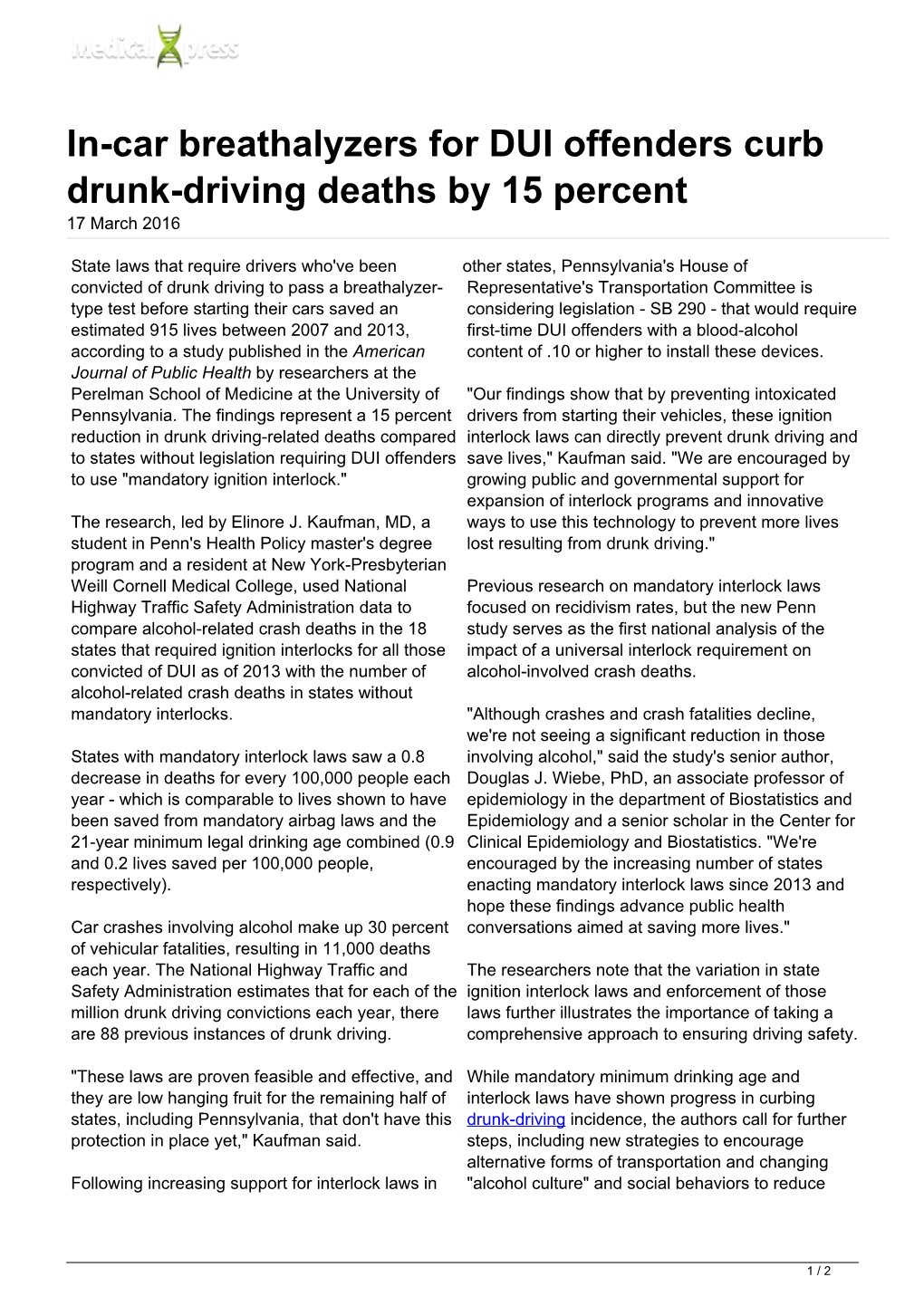 In-Car Breathalyzers for DUI Offenders Curb Drunk-Driving Deaths by 15 Percent 17 March 2016