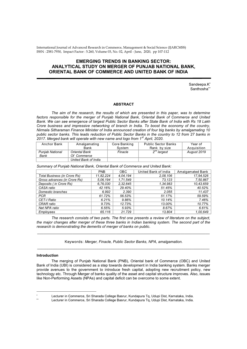 Analytical Study on Merger of Punjab National Bank, Oriental Bank of Commerce and United Bank of India