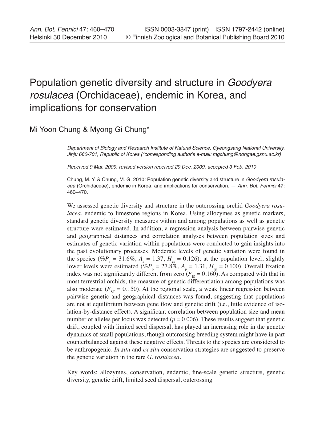 Population Genetic Diversity and Structure in Goodyera Rosulacea (Orchidaceae), Endemic in Korea, and Implications for Conservation