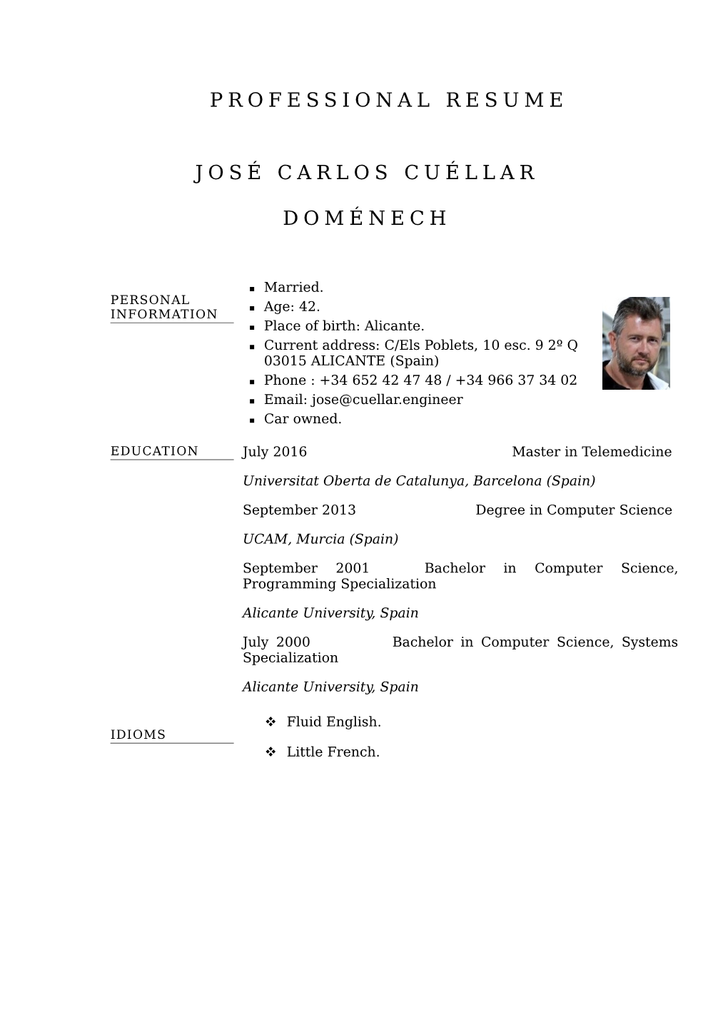 Professional Resume José Carlos Cuéllar Doménech