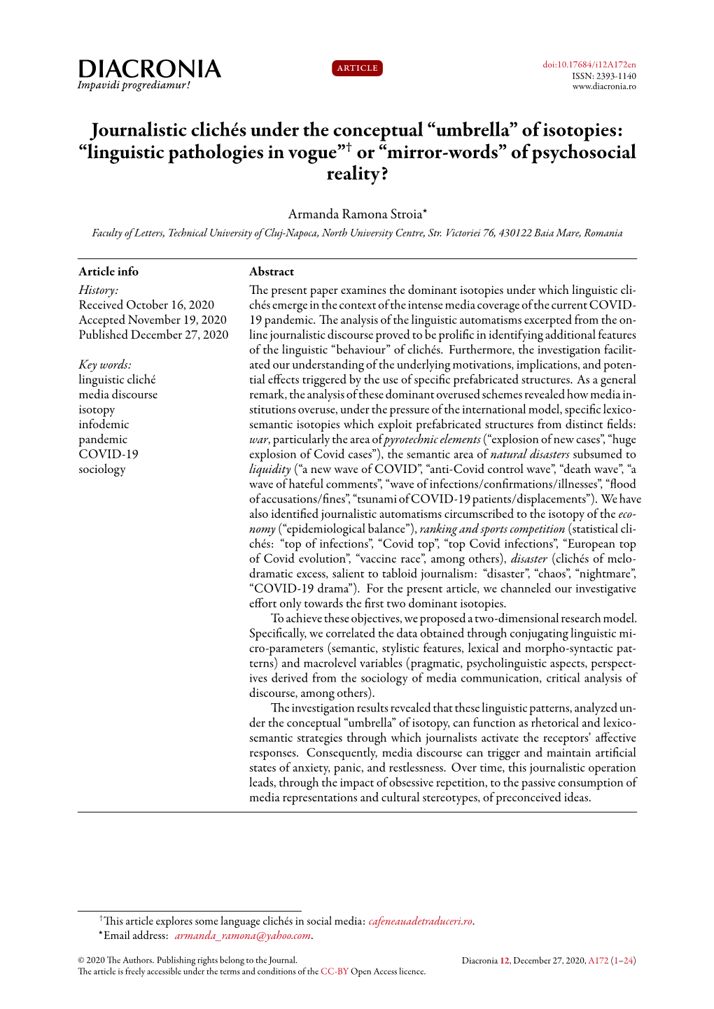 Journalistic Clichés Under the Conceptual “Umbrella” of Isotopies: “Linguistic Pathologies in Vogue” Or “Mirror-Words