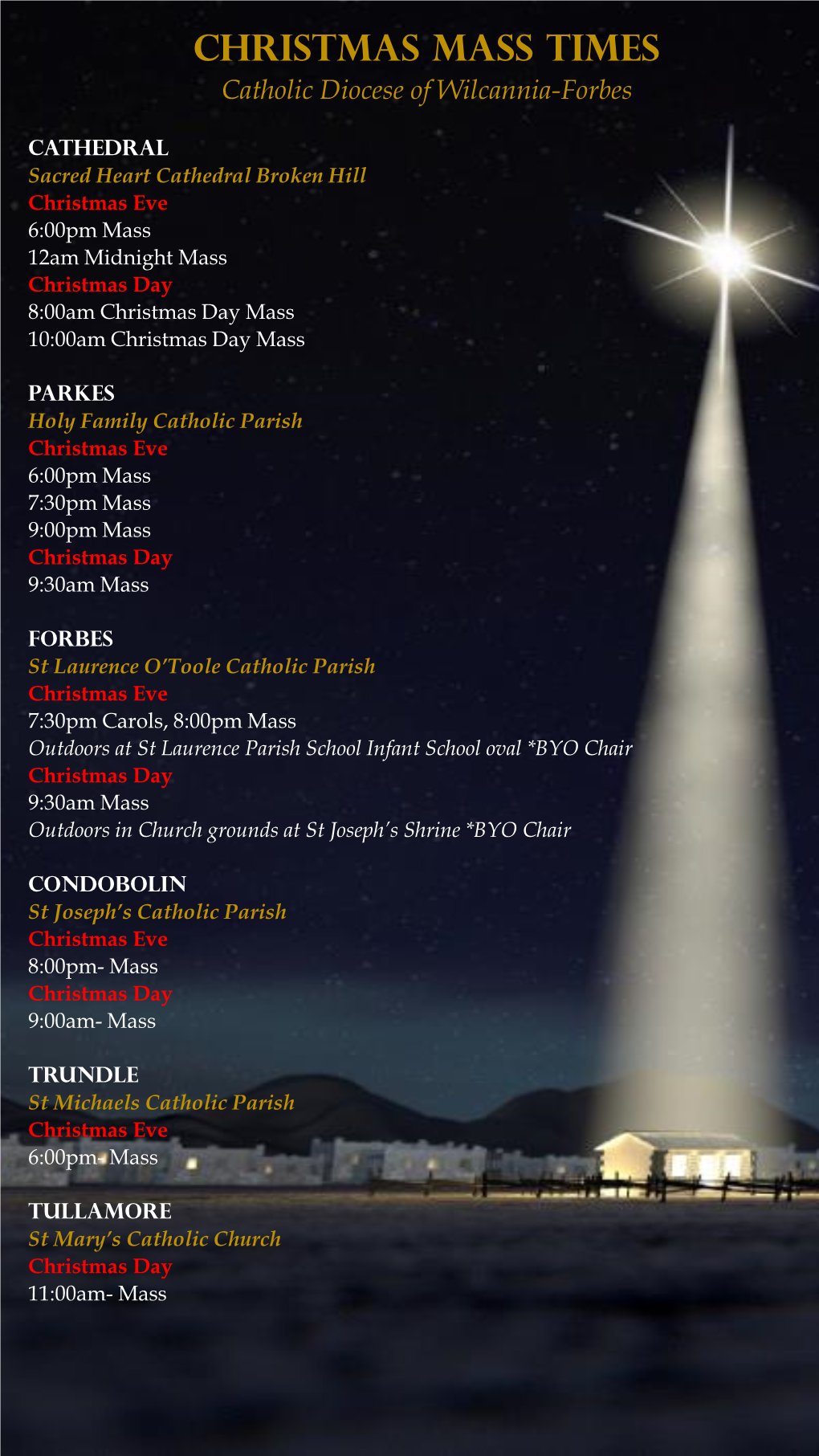 CHRISTMAS MASS TIMES Catholic Diocese of Wilcannia-Forbes