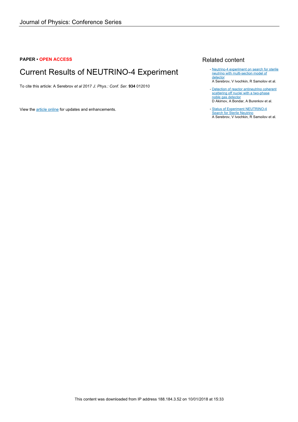 Current Results of NEUTRINO-4 Experiment Neutrino with Multi-Section Model of Detector a Serebrov, V Ivochkin, R Samoilov Et Al