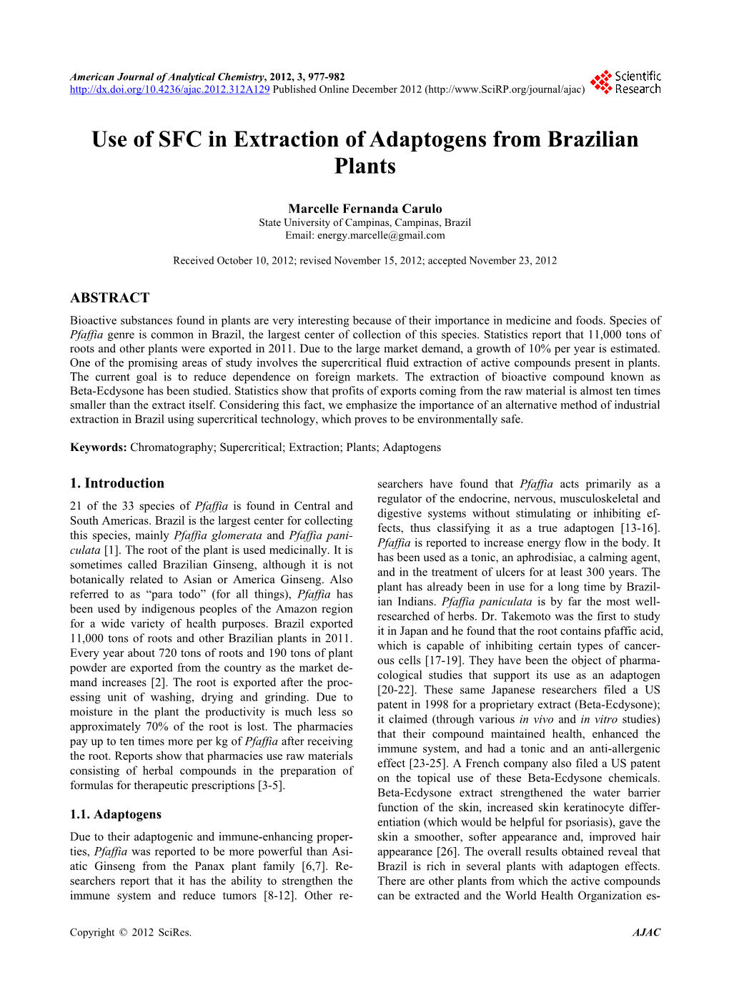 Use of SFC in Extraction of Adaptogens from Brazilian Plants