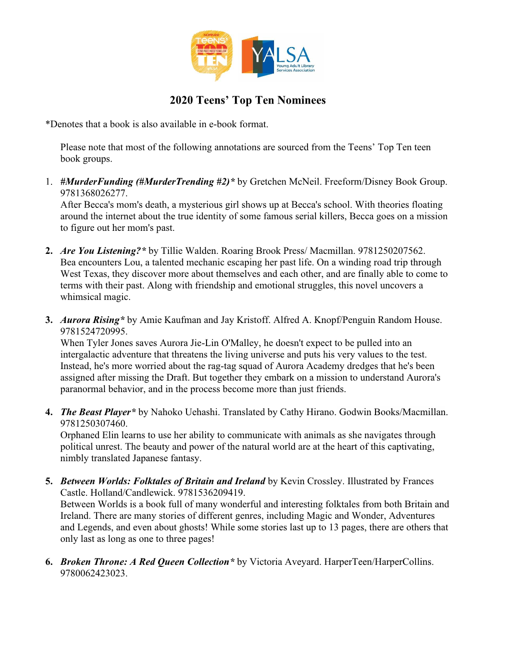 2020 Teens' Top Ten Nominees