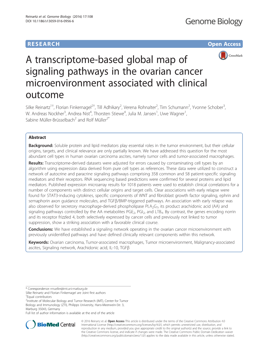 A Transcriptome-Based Global Map of Signaling Pathways in the Ovarian