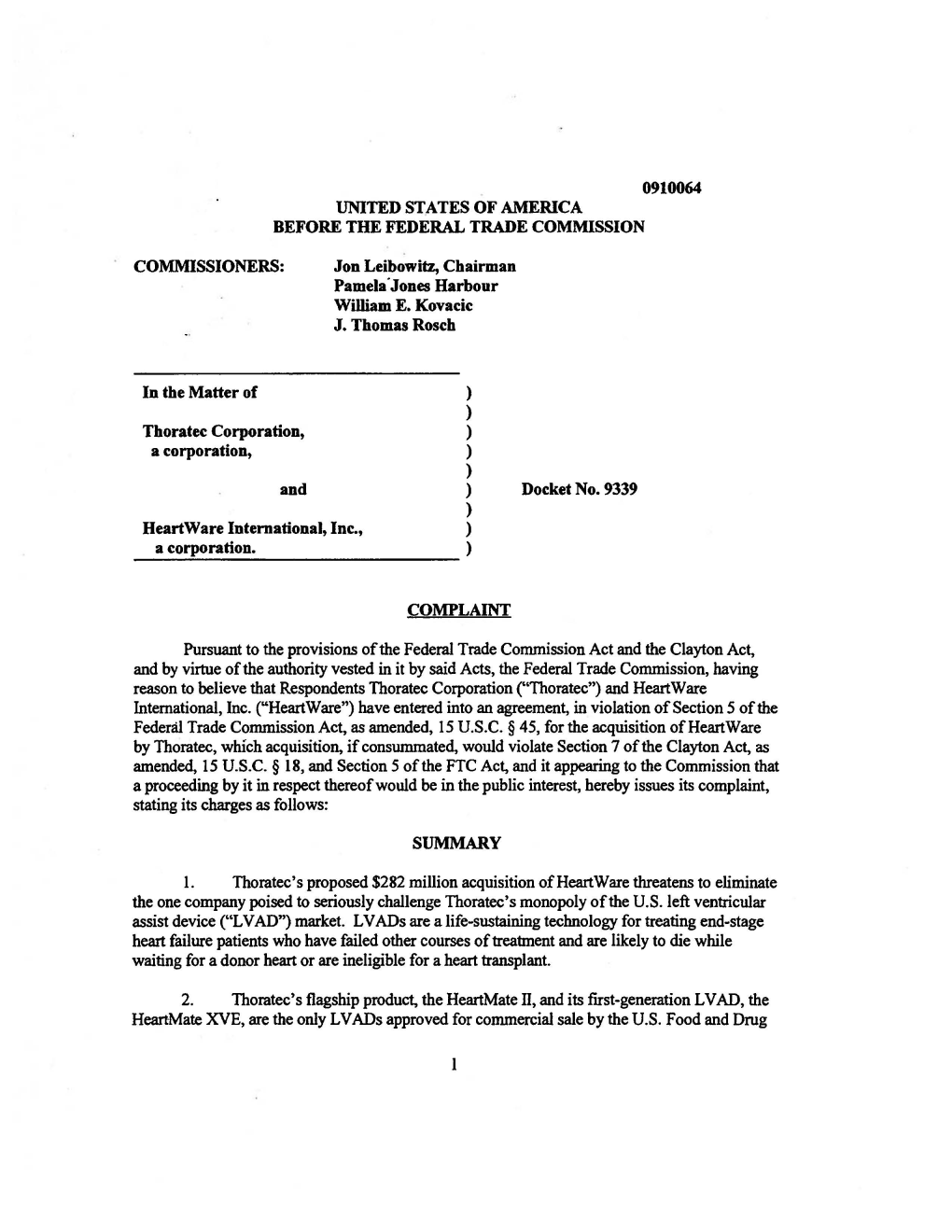 Administrative Complaint Docket No. 9339 in the Matter of Thoratec Corporation, a Corporation, and Heartware International, Inc