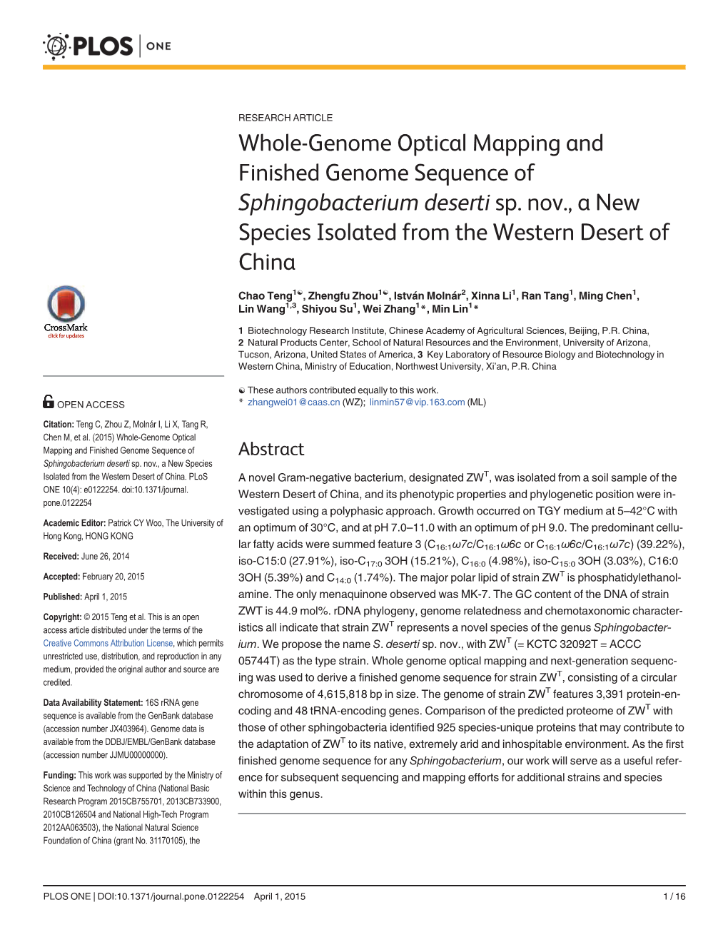 Whole-Genome Optical Mapping and Finished Genome Sequence of Sphingobacterium Deserti Sp
