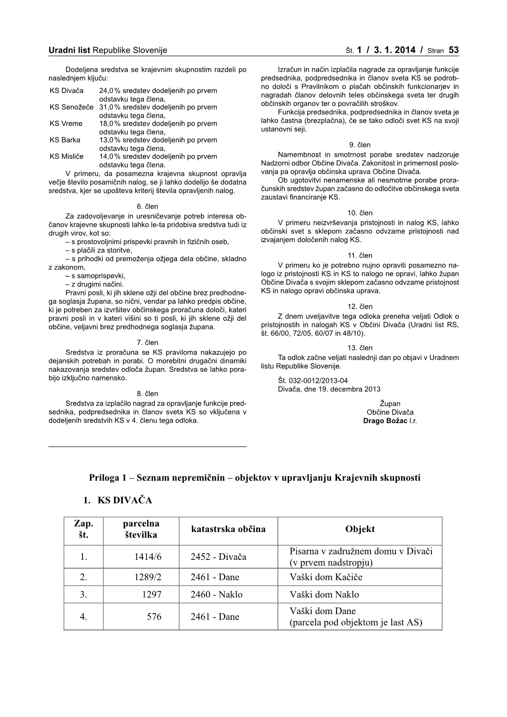 Priloga 1 – Seznam Nepremičnin – Objektov V Upravljanju Krajevnih Skupnosti 1. KS DIVAČA Zap. Št. Parcelna Številka K