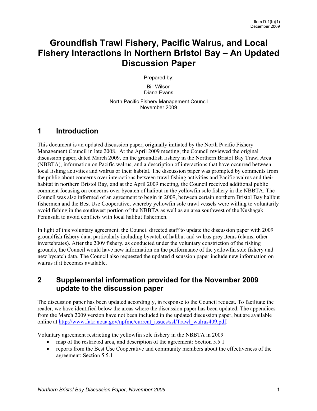 Groundfish Trawl Fishery, Pacific Walrus, and Local Fishery Interactions in Northern Bristol Bay – an Updated Discussion Paper