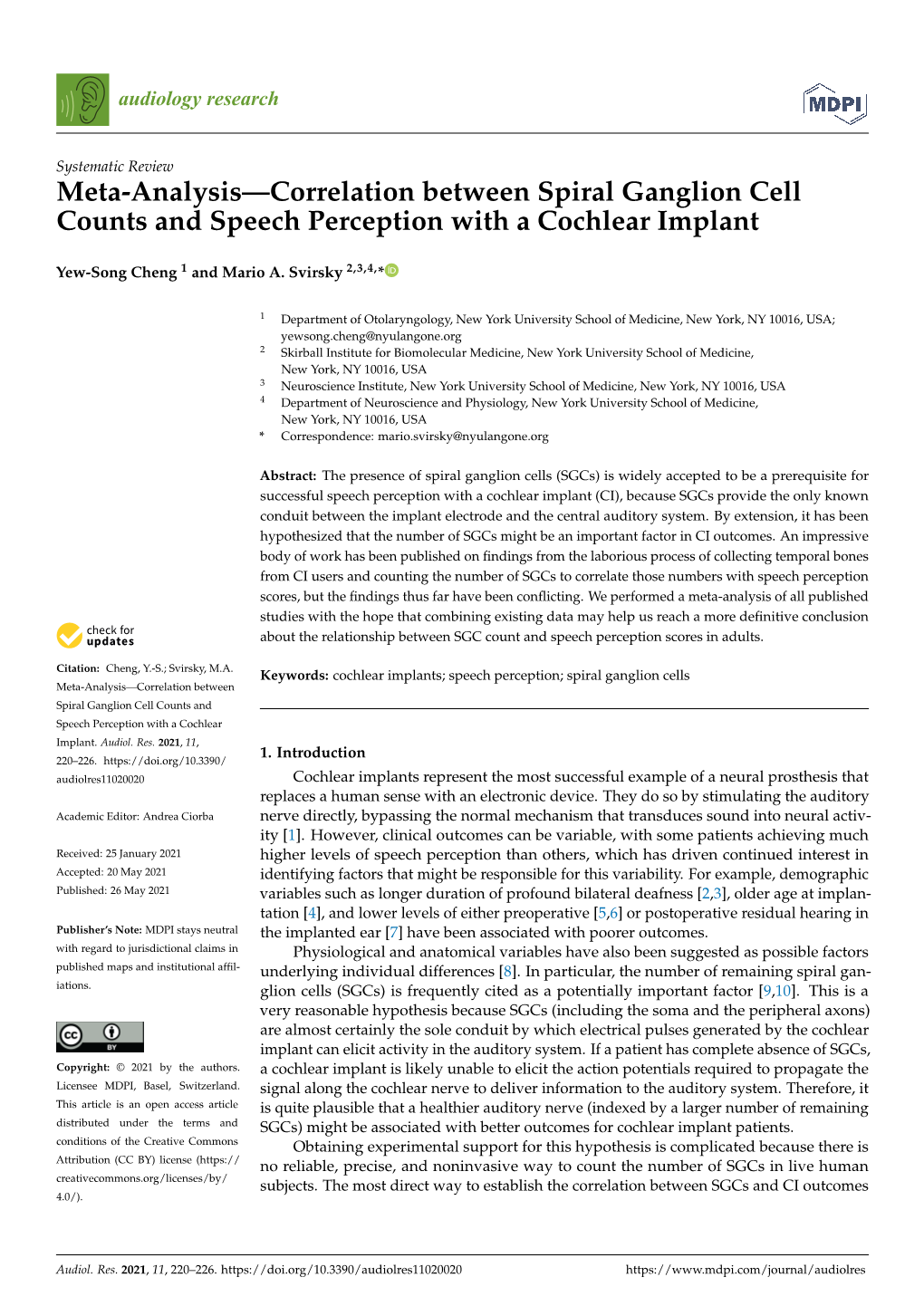 Meta-Analysis—Correlation Between Spiral Ganglion Cell Counts and Speech Perception with a Cochlear Implant