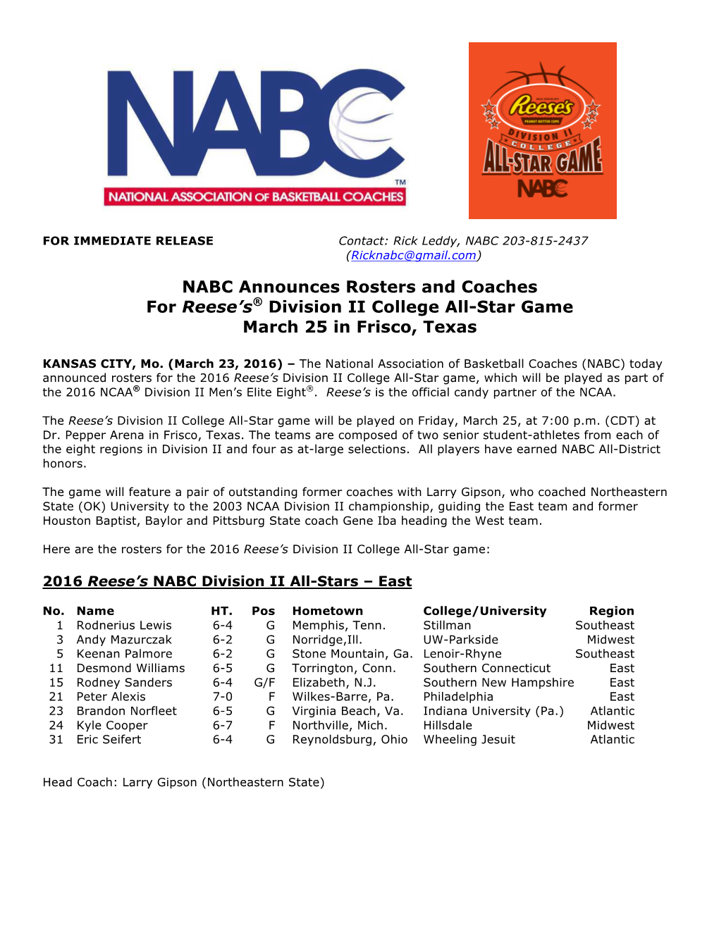 NABC Announces Rosters and Coaches for Reese's® Division II