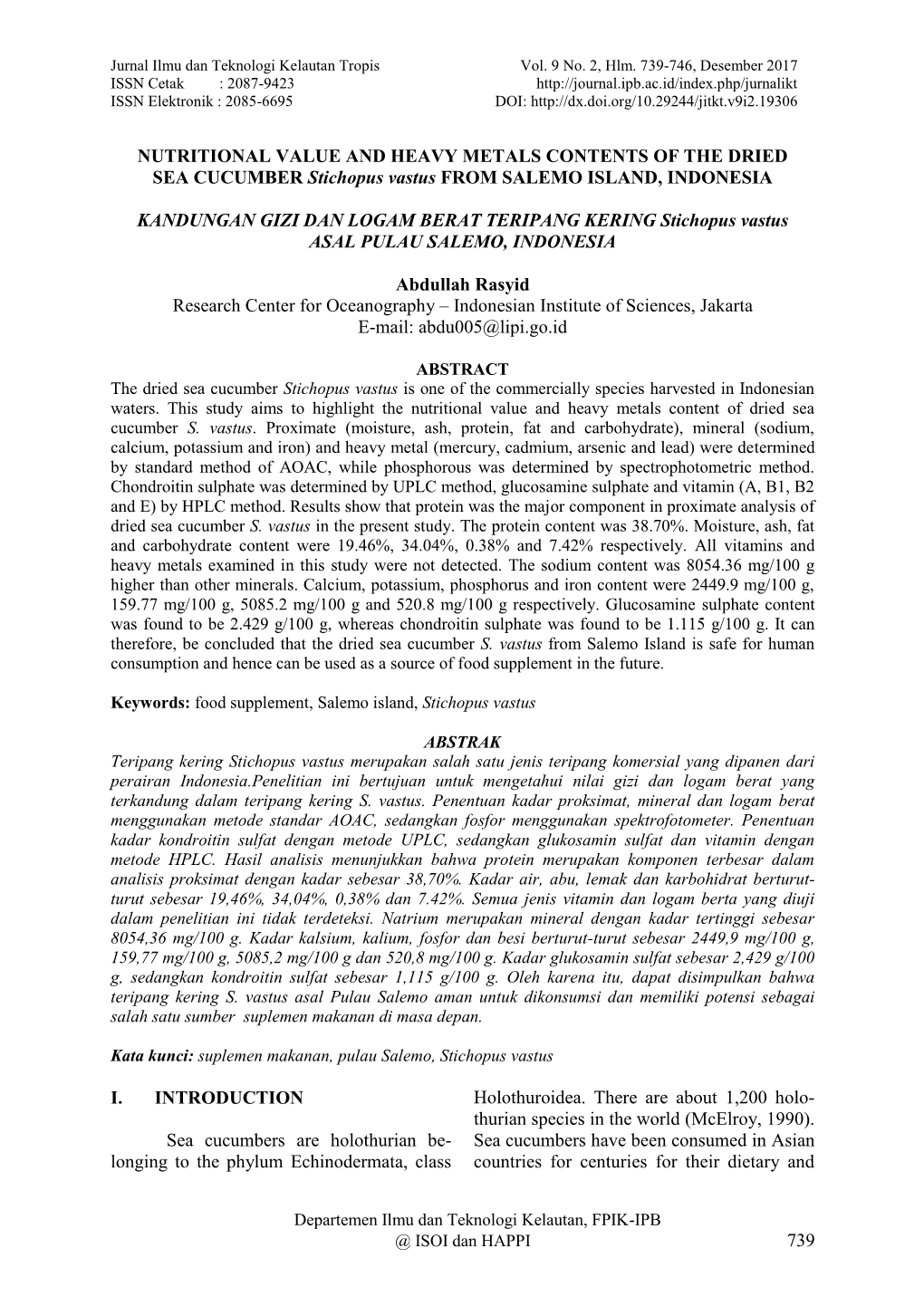 739 Nutritional Value and Heavy Metals Contents of the Dried