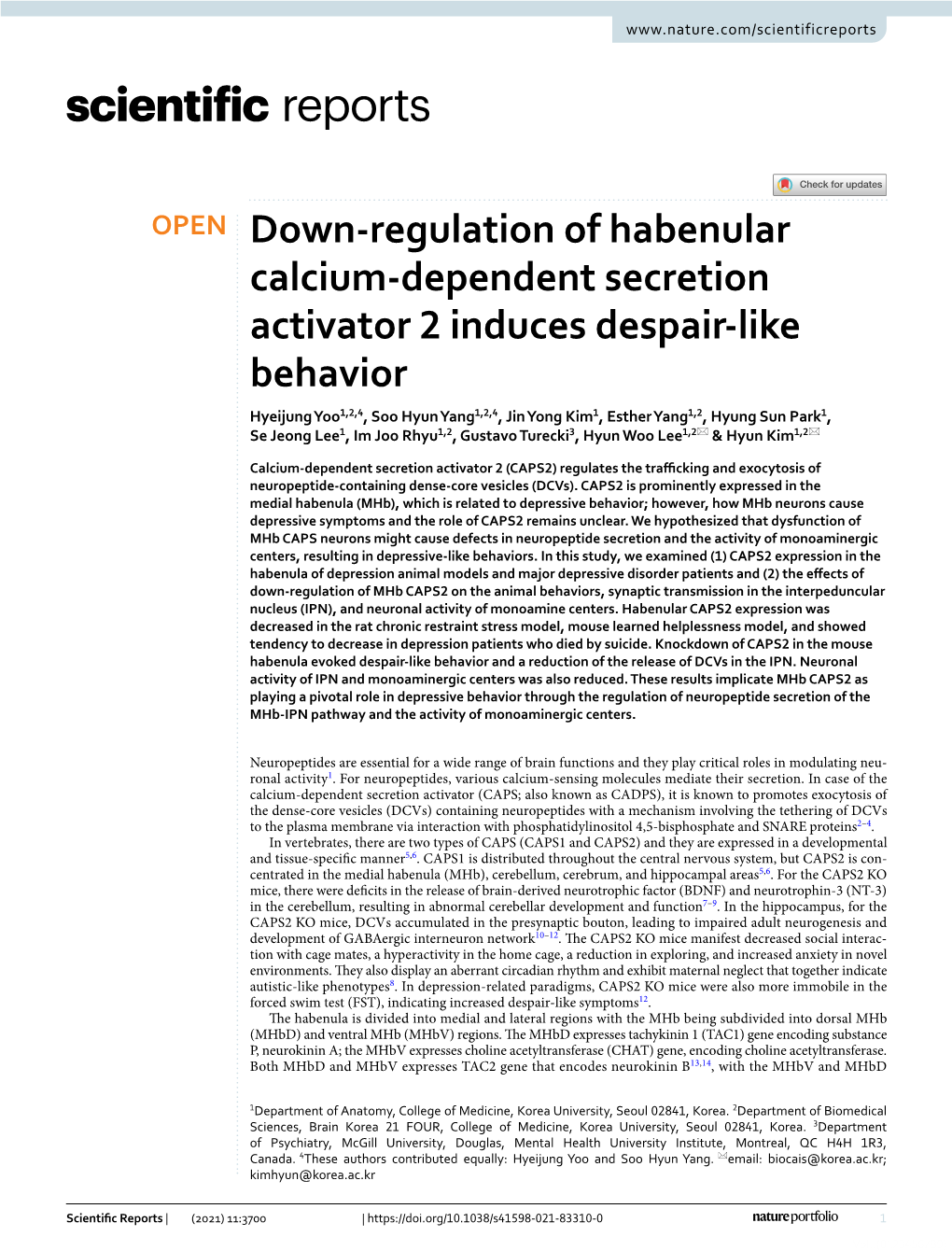 Down-Regulation of Habenular Calcium-Dependent Secretion Activator 2