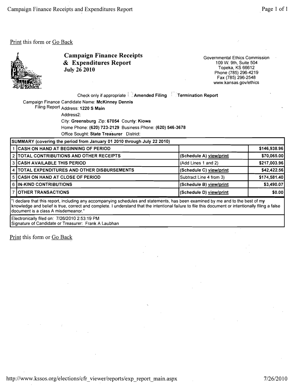 Campaign Finance Receipts & Expenditures Report