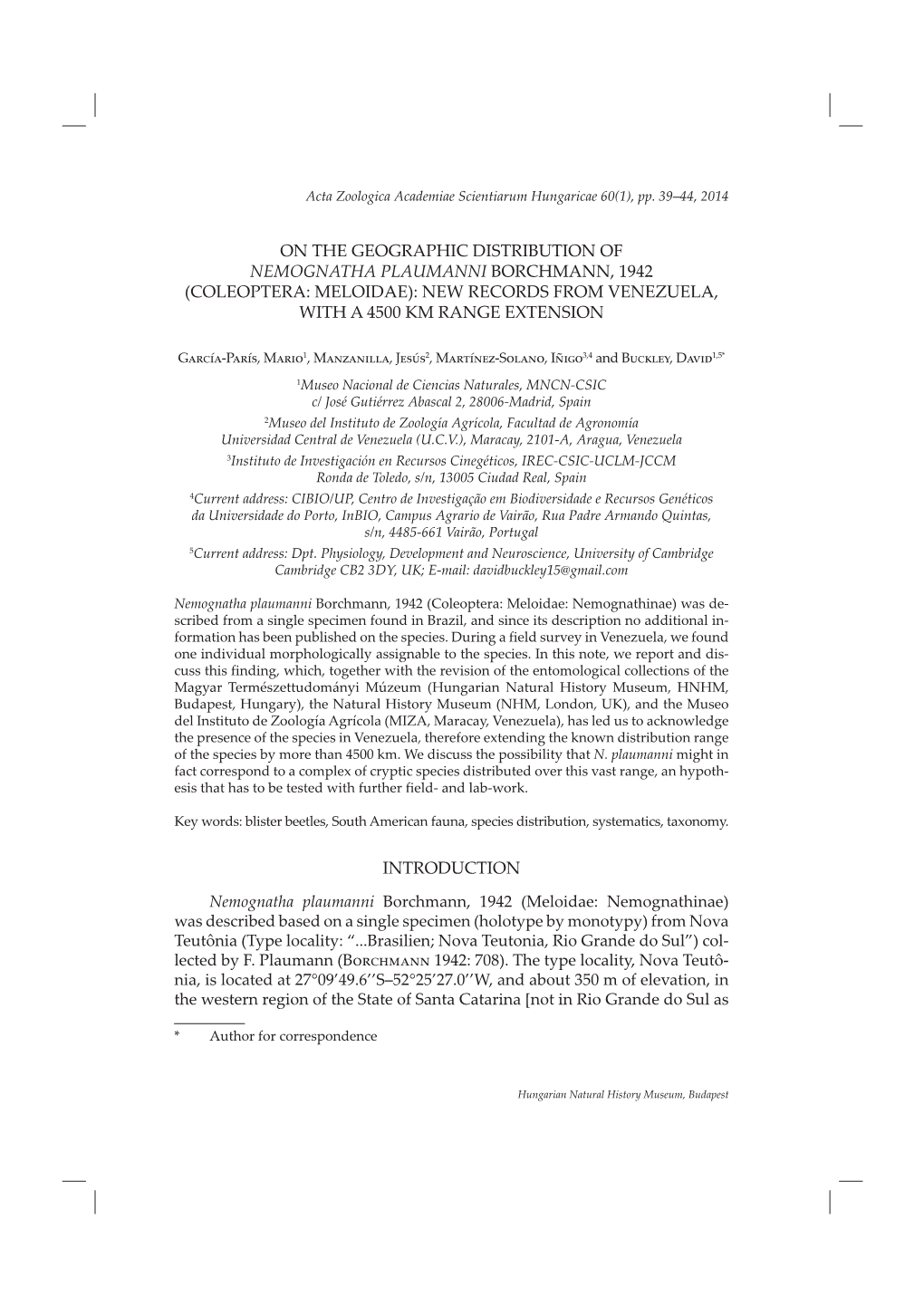 On the Geographic Distribution of Nemognatha Plaumanni Borchmann, 1942 (Coleoptera: Meloidae): New Records from Venezuela, with a 4500 Km Range Extension