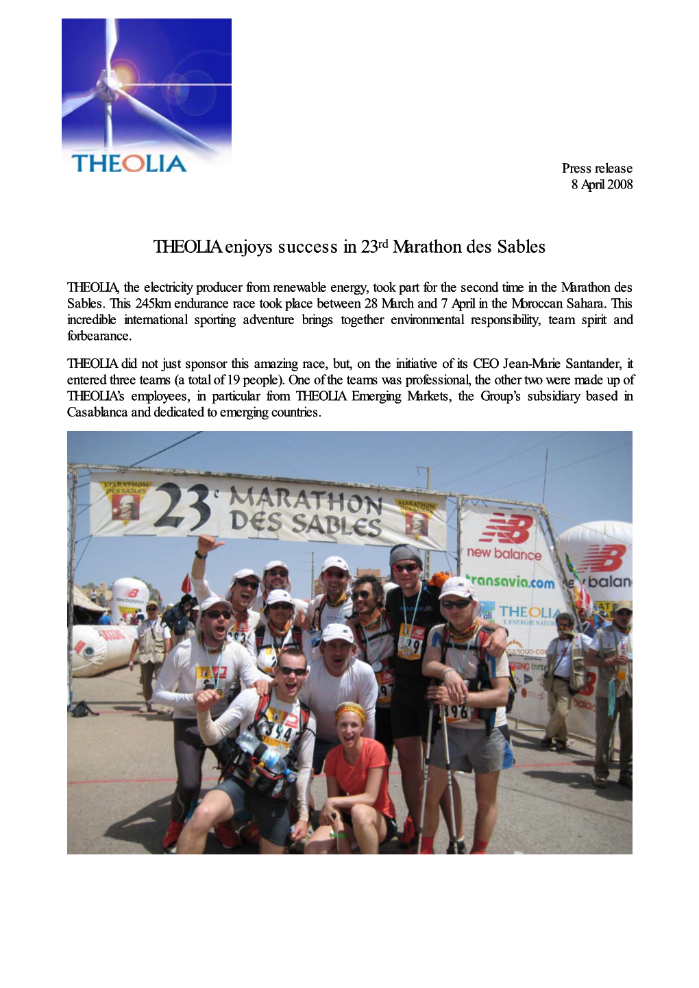 THEOLIA Enjoys Success in 23Rd Marathon Des Sables THEOLIA