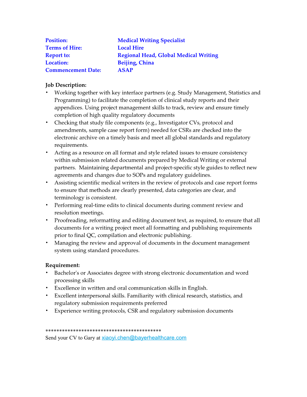 Position: Medical Writing Specialist