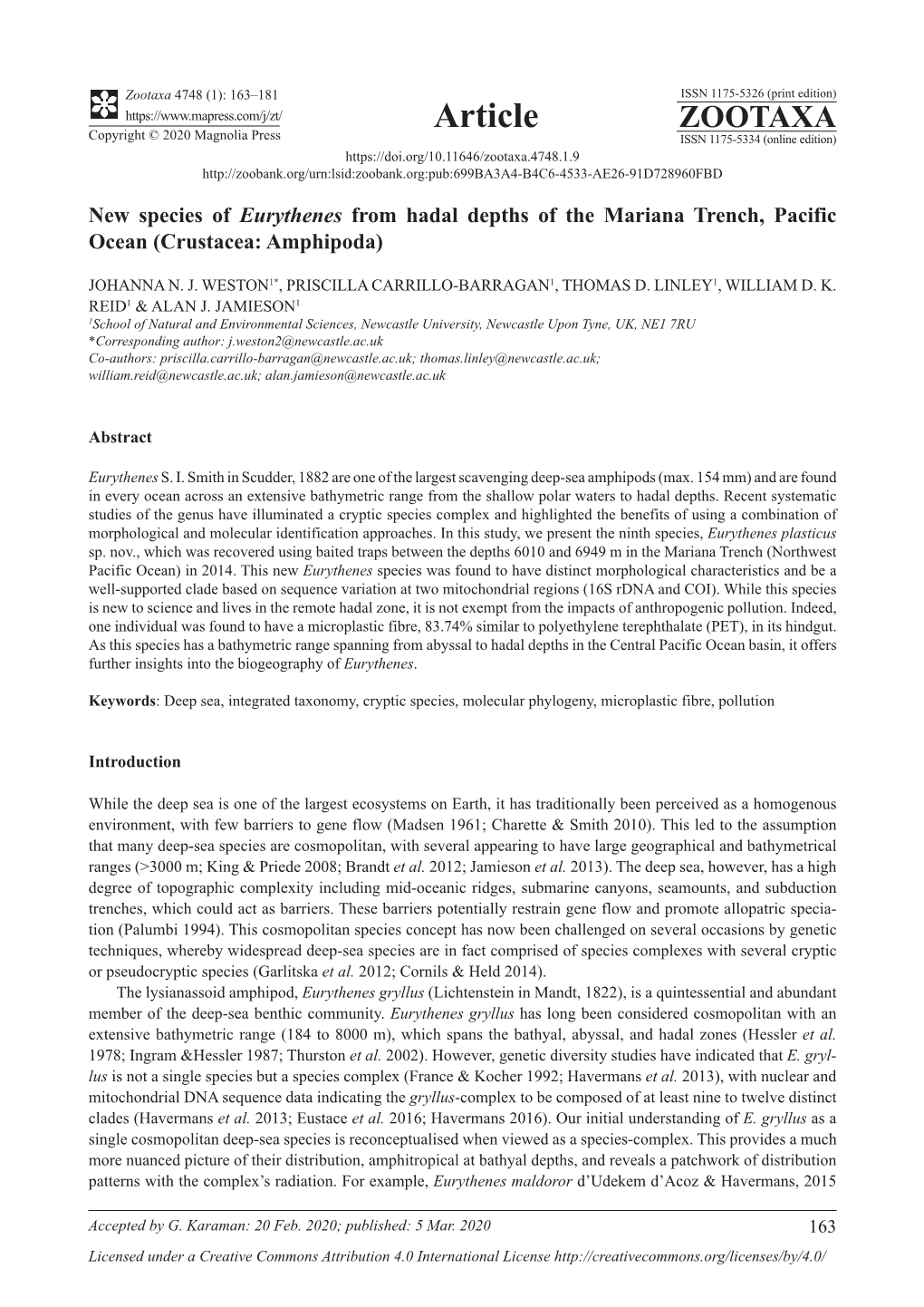 New Species of Eurythenes from Hadal Depths of the Mariana Trench, Pacific Ocean (Crustacea: Amphipoda)