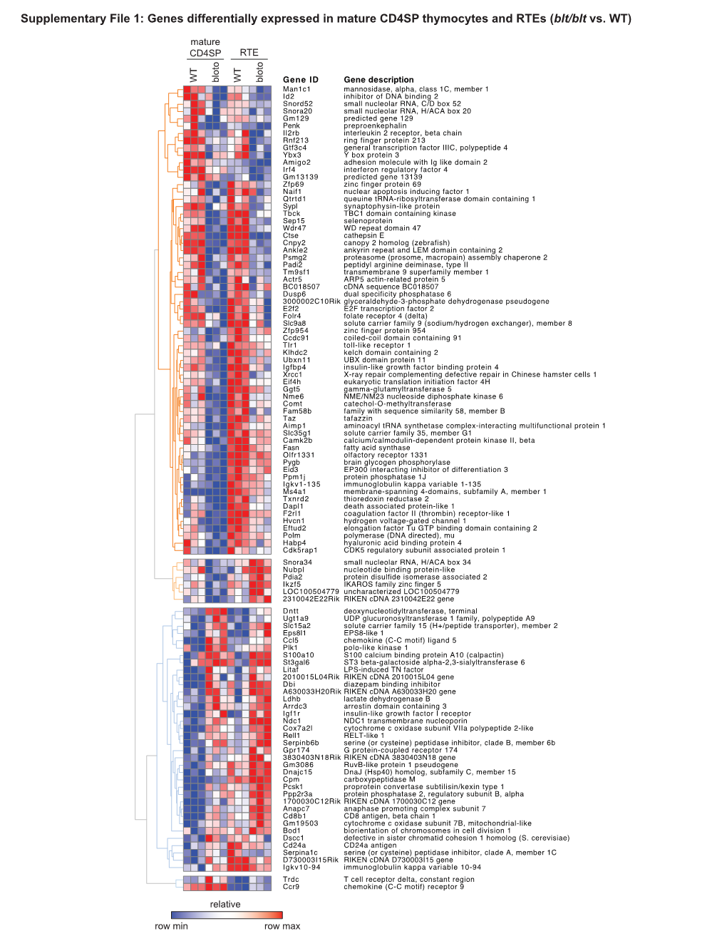 Supplementary File 1: Genes Differentially Expressed in Mature CD4SP Thymocytes and Rtes (Blt/Blt Vs