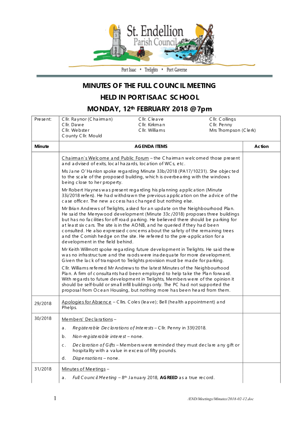 MINUTES of the FULL COUNCIL MEETING HELD in PORT ISAAC SCHOOL MONDAY, 12Th FEBRUARY 2018 @ 7Pm Present: Cllr