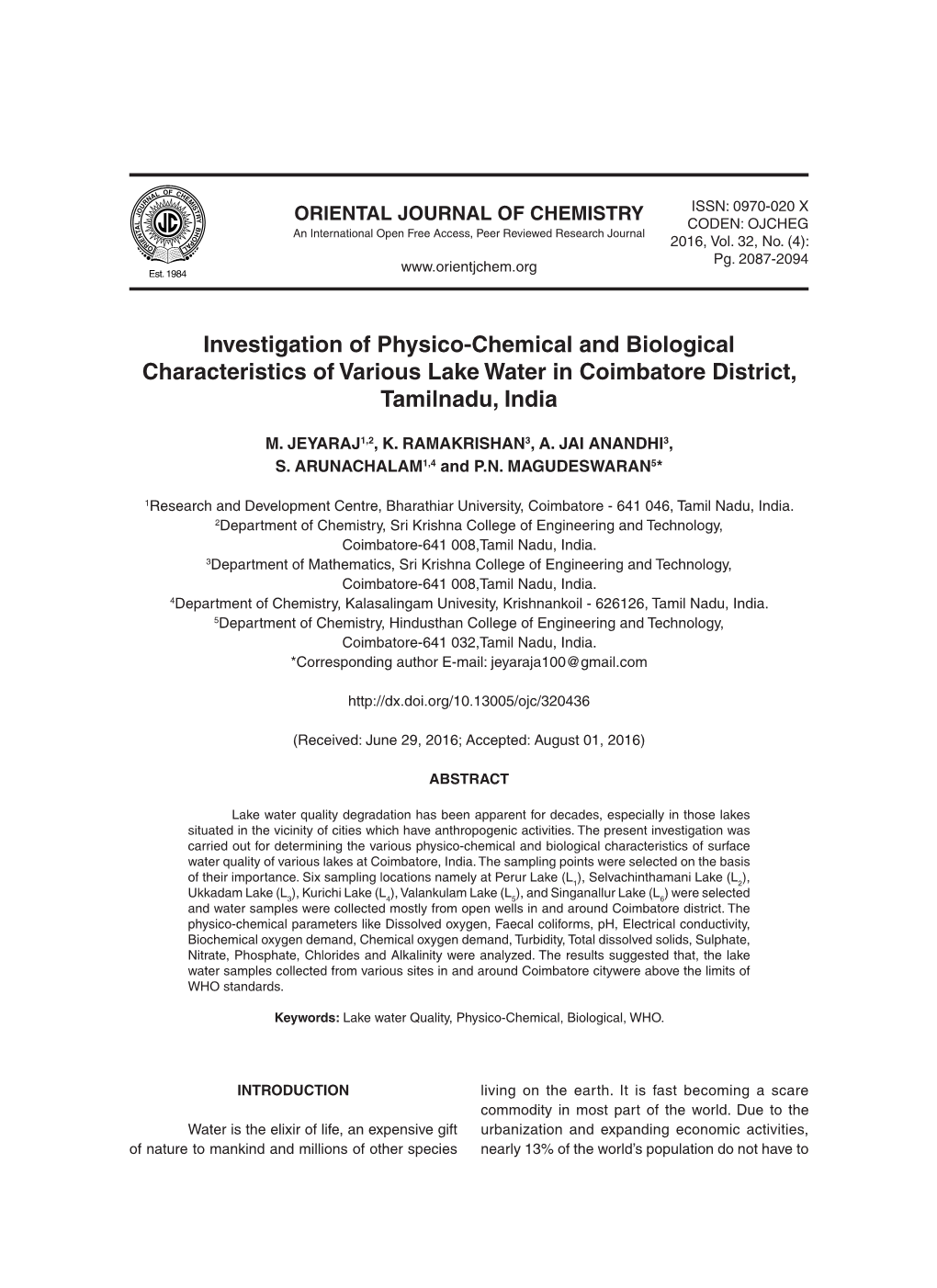 Investigation of Physico-Chemical and Biological Characteristics of Various Lake Water in Coimbatore District, Tamilnadu, India