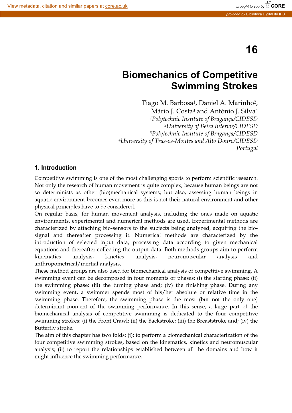 Biomechanics of Competitive Swimming Strokes