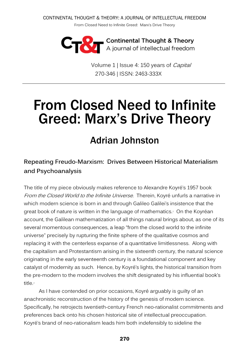 From Closed Need to Infinite Greed: Marx's Drive Theory