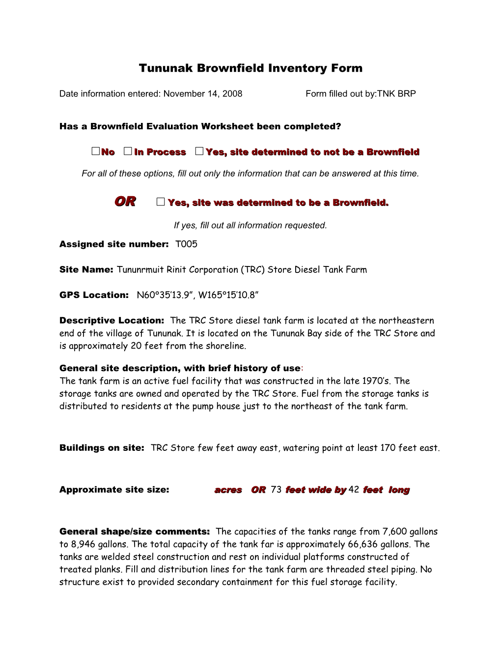 Selawik Brownfield Inventory Form