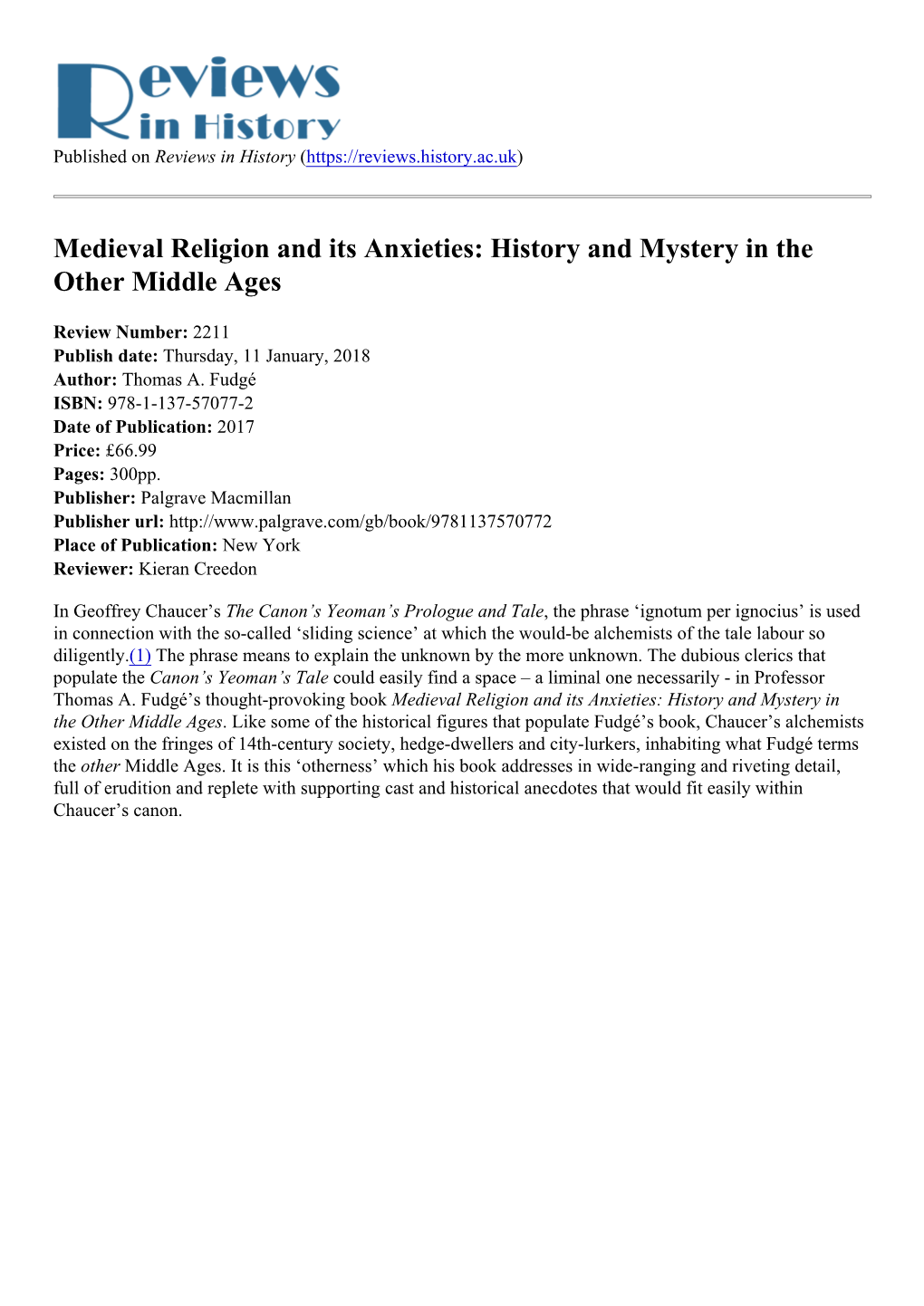 Medieval Religion and Its Anxieties: History and Mystery in the Other Middle Ages