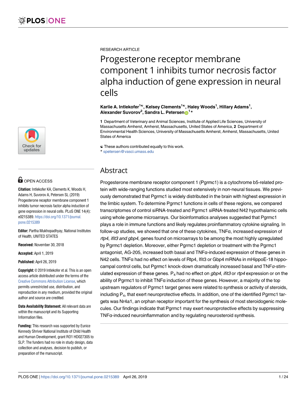 Progesterone Receptor Membrane Component 1 Inhibits Tumor Necrosis Factor Alpha Induction of Gene Expression in Neural Cells