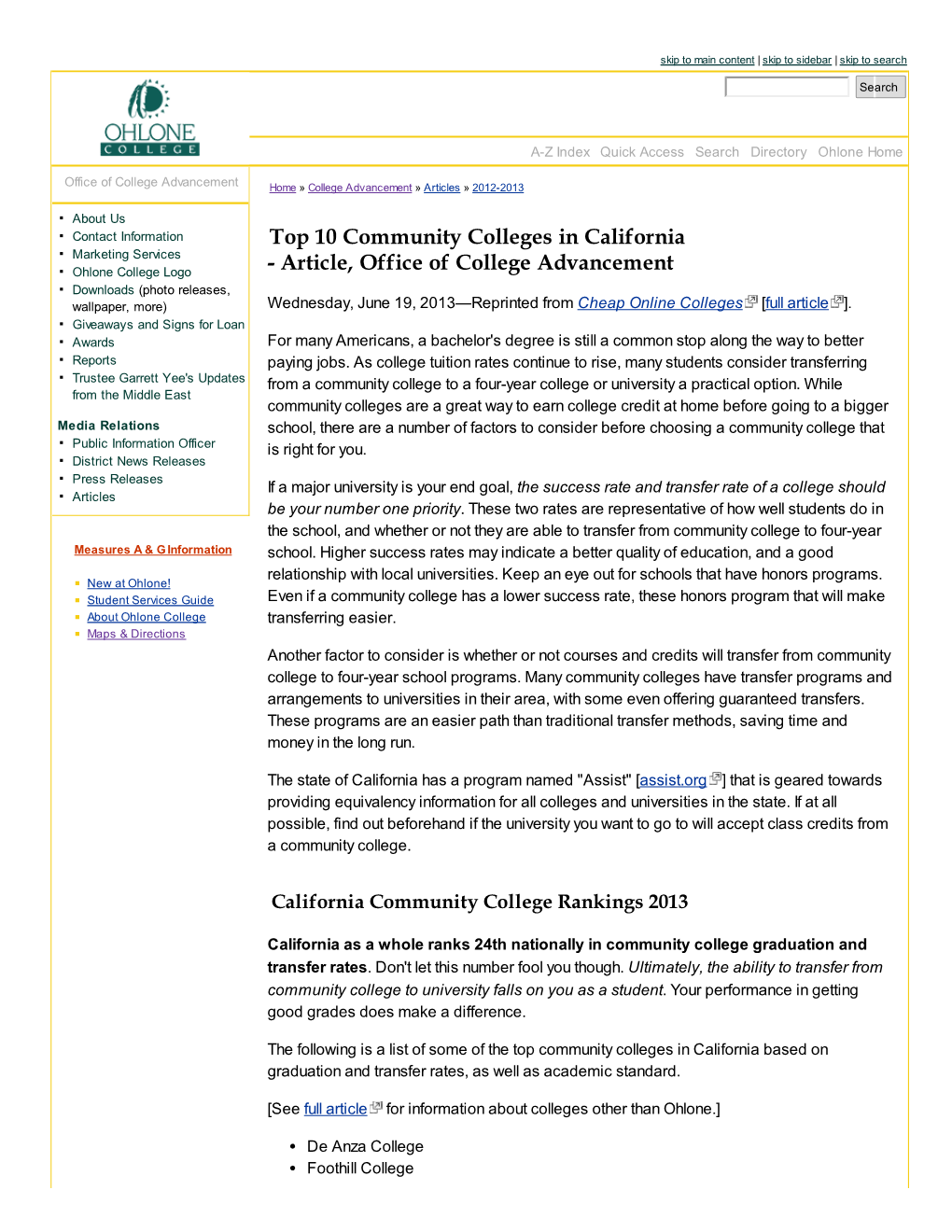 Top 10 Community Colleges in California, June 2013 | Articles, College Advancement - Ohlone College, Fremont and Newark, California