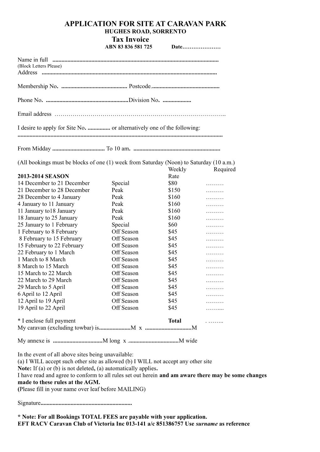 Application for Site at Caravan Park