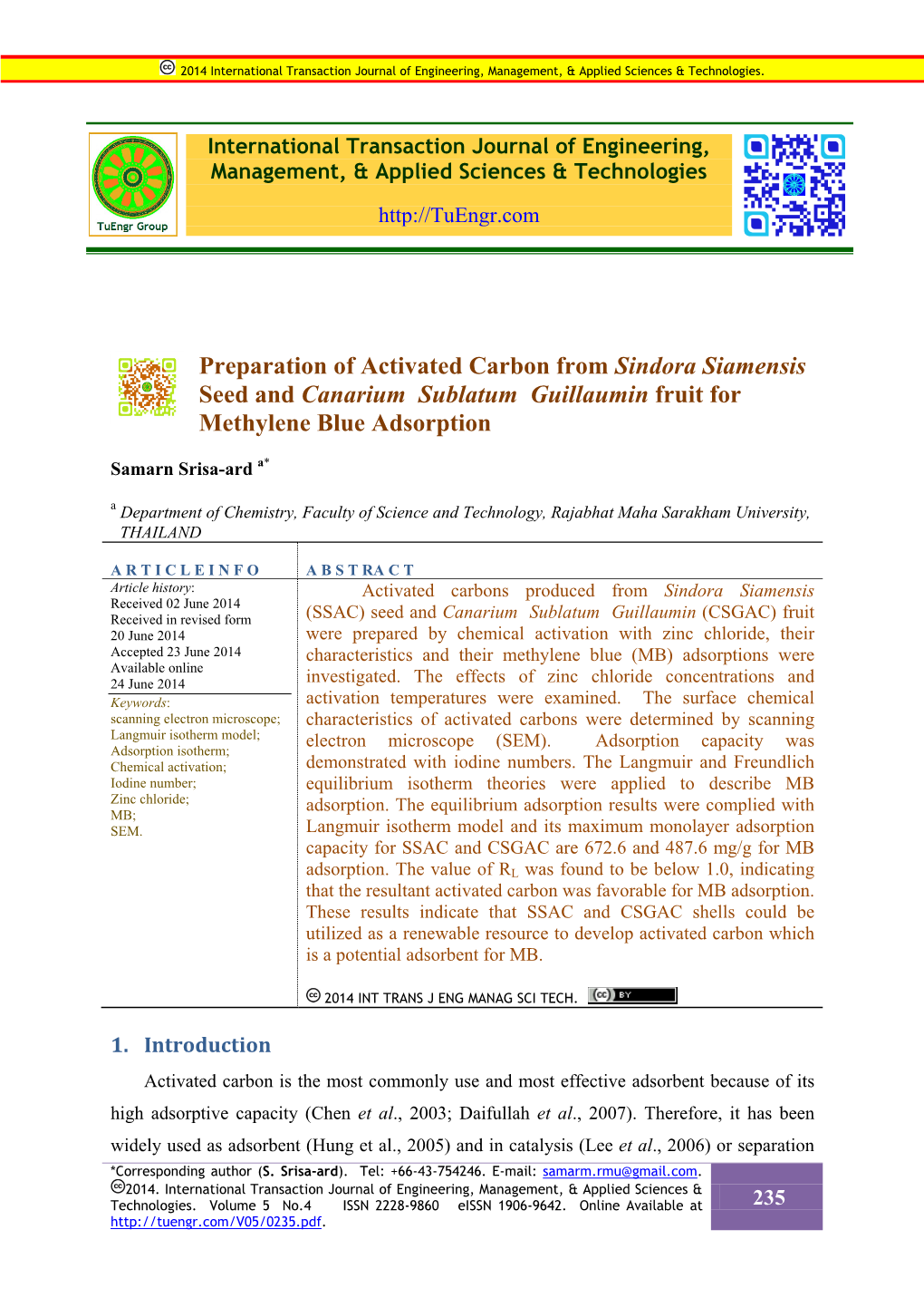 Preparation of Activated Carbon from Sindora Siamensis Seed and Canarium Sublatum Guillaumin Fruit for Methylene Blue Adsorption