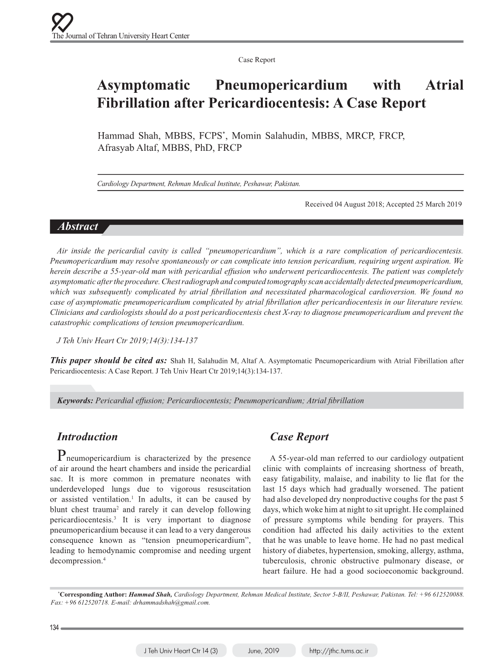 Asymptomatic Pneumopericardium with Atrial Fibrillation After Pericardiocentesis: a Case Report