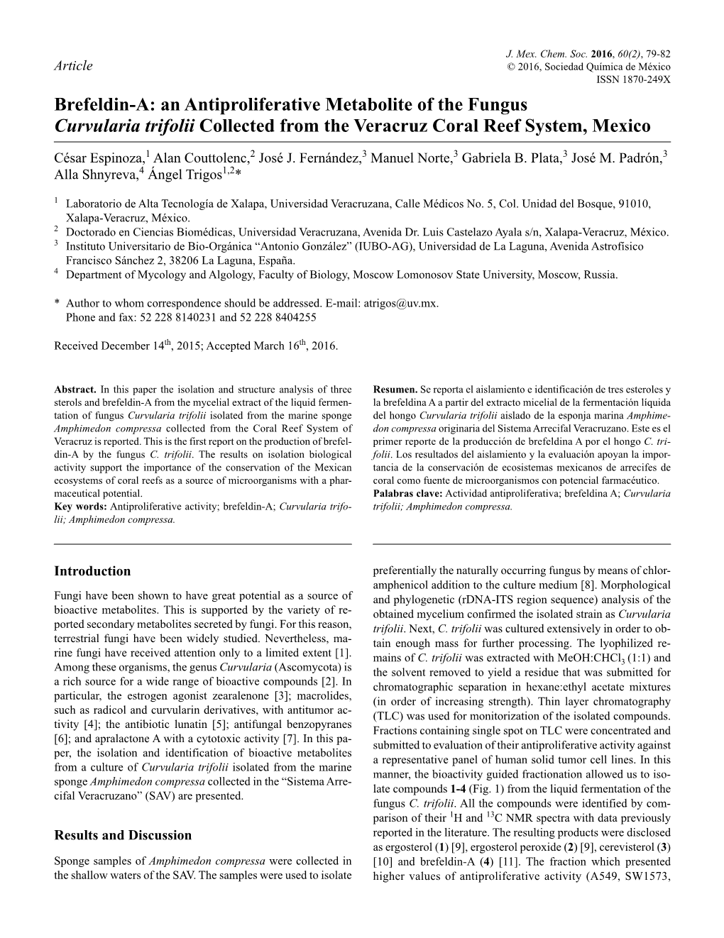 An Antiproliferative Metabolite of the Fungus Curvularia Trifolii Collected from the Veracruz Coral Reef System, Mexico