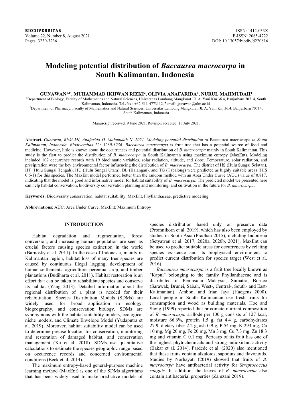 Modeling Potential Distribution of Baccaurea Macrocarpa in South Kalimantan, Indonesia