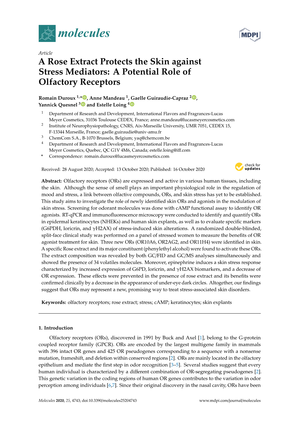 A Rose Extract Protects the Skin Against Stress Mediators: a Potential Role of Olfactory Receptors