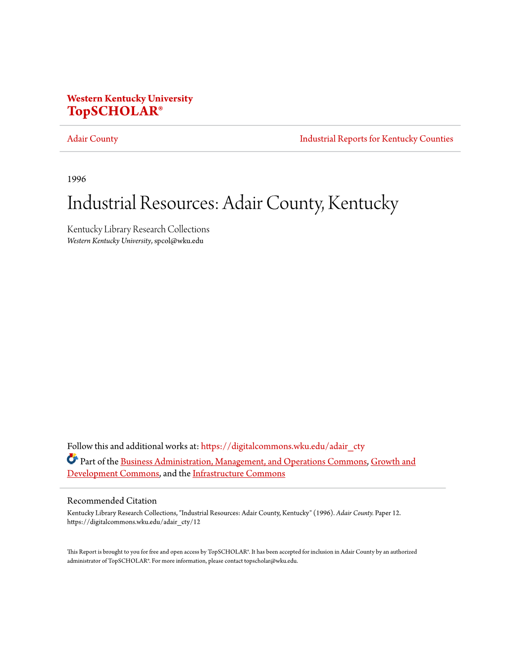 Adair County, Kentucky Kentucky Library Research Collections Western Kentucky University, Spcol@Wku.Edu