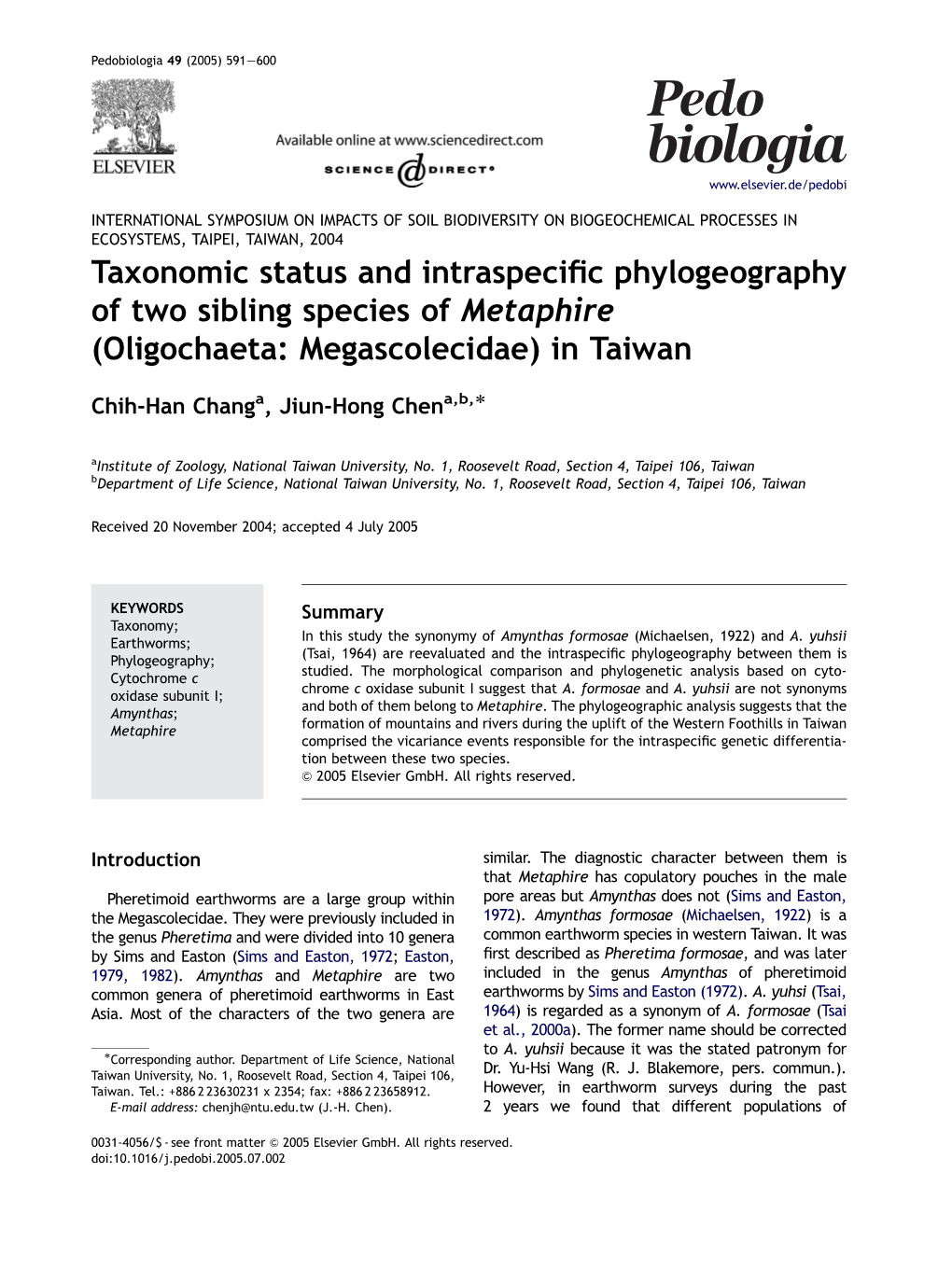 (Oligochaeta: Megascolecidae) in Taiwan