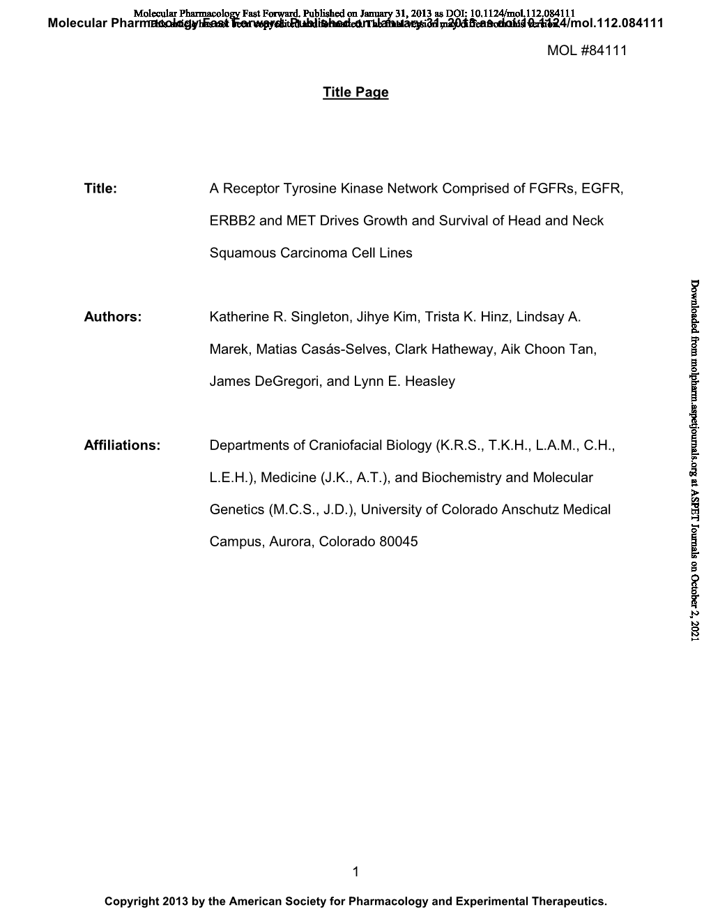 MOL #84111 1 Title Page Title: a Receptor Tyrosine Kinase Network