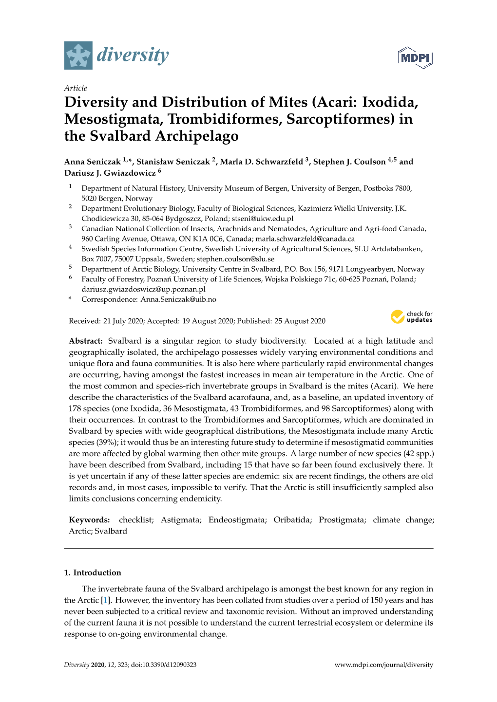 Diversity and Distribution of Mites (Acari: Ixodida, Mesostigmata, Trombidiformes, Sarcoptiformes) in the Svalbard Archipelago