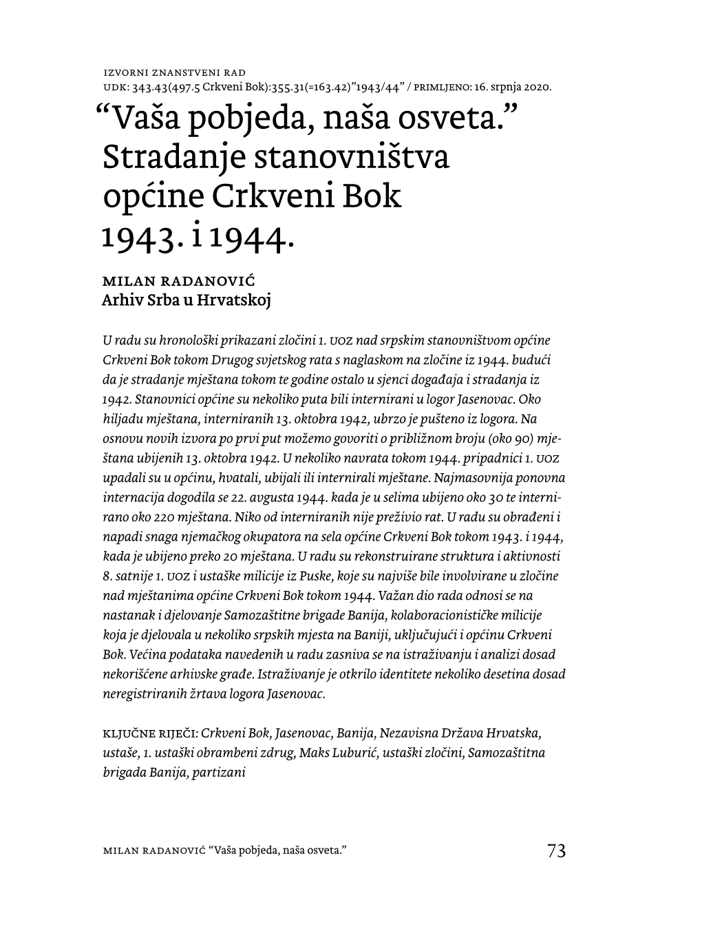 Stradanje Stanovništva Općine Crkveni Bok 1943. I 1944. Milan Radanović Arhiv Srba U Hrvatskoj