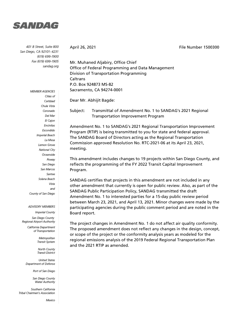 SANDAG Letter