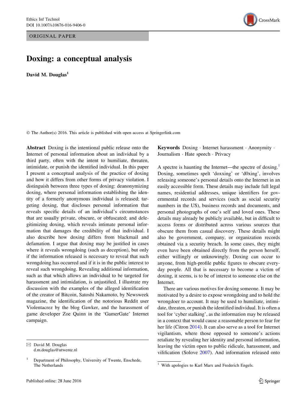 Doxing: a Conceptual Analysis