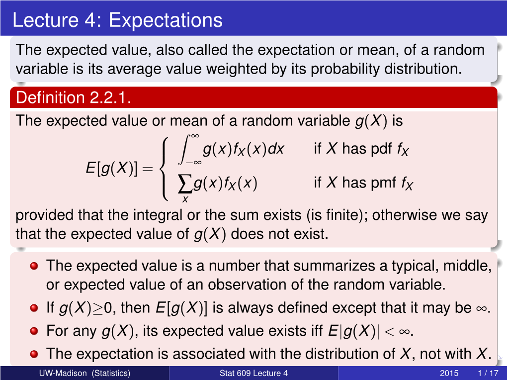Stat 609: Mathematical Statistics Lecture 4