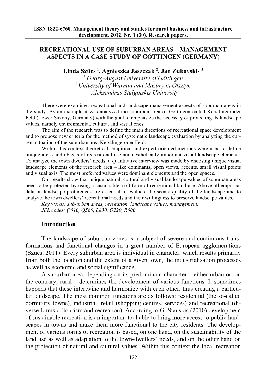 Recreational Use of Suburban Areas – Management Aspects in a Case Study of Göttingen (Germany)