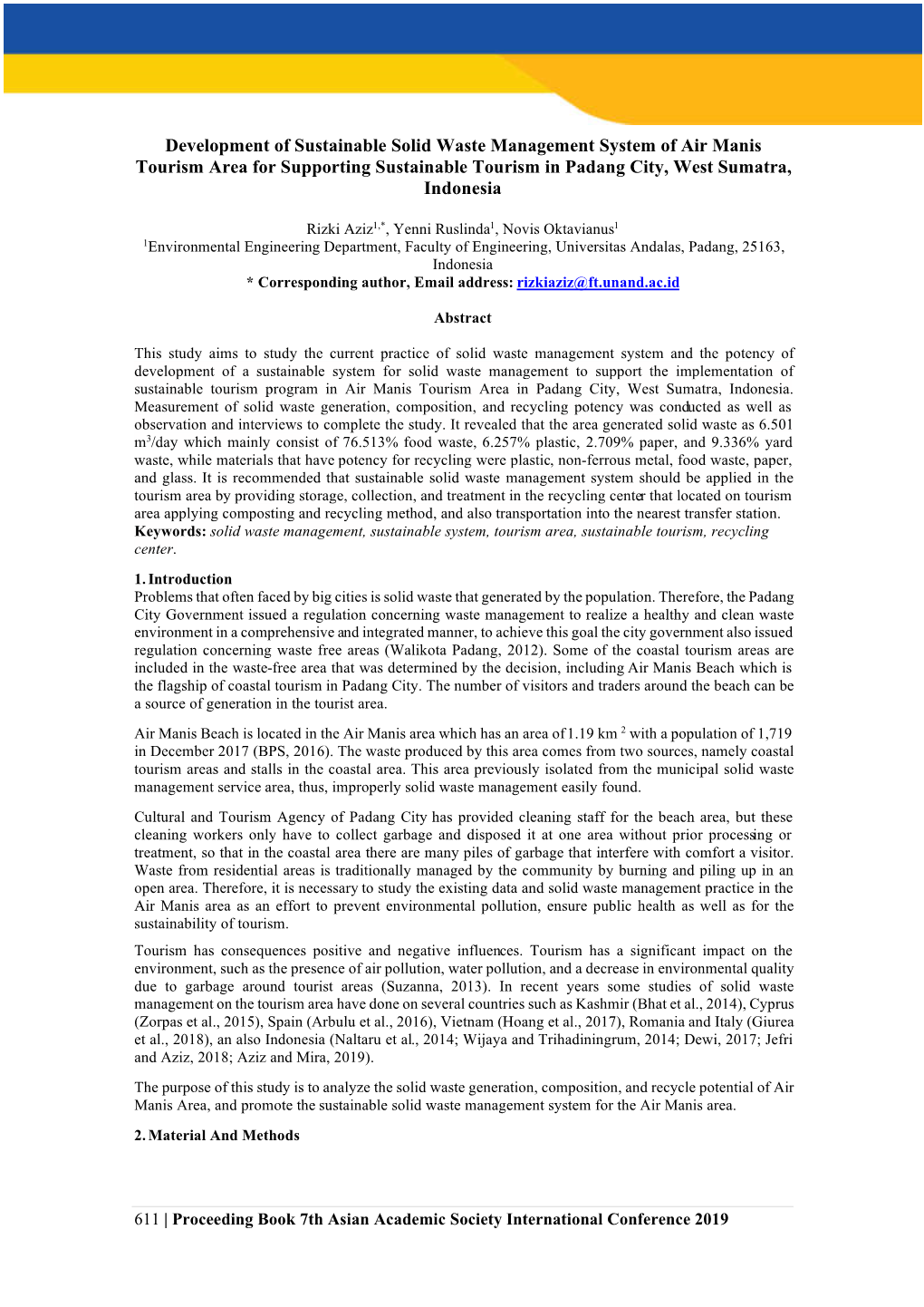 Development of Sustainable Solid Waste Management System of Air Manis Tourism Area for Supporting Sustainable Tourism in Padang City, West Sumatra, Indonesia