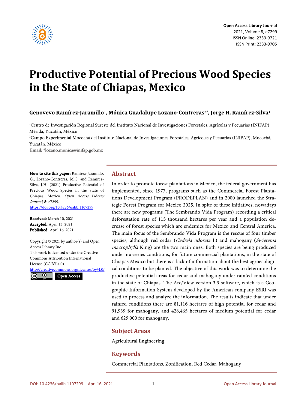 Productive Potential of Precious Wood Species in the State of Chiapas, Mexico