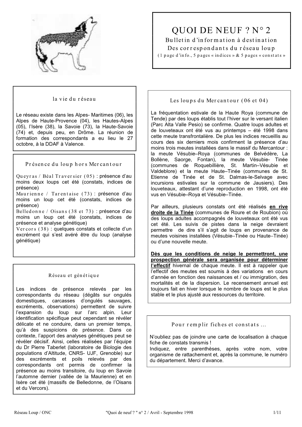 QUOI DE NEUF ? N° 2 Bulletin D’Information À Destination Des Correspondants Du Réseau Loup (1 Page D’Info., 5 Pages « Indices » & 5 Pages « Constats »